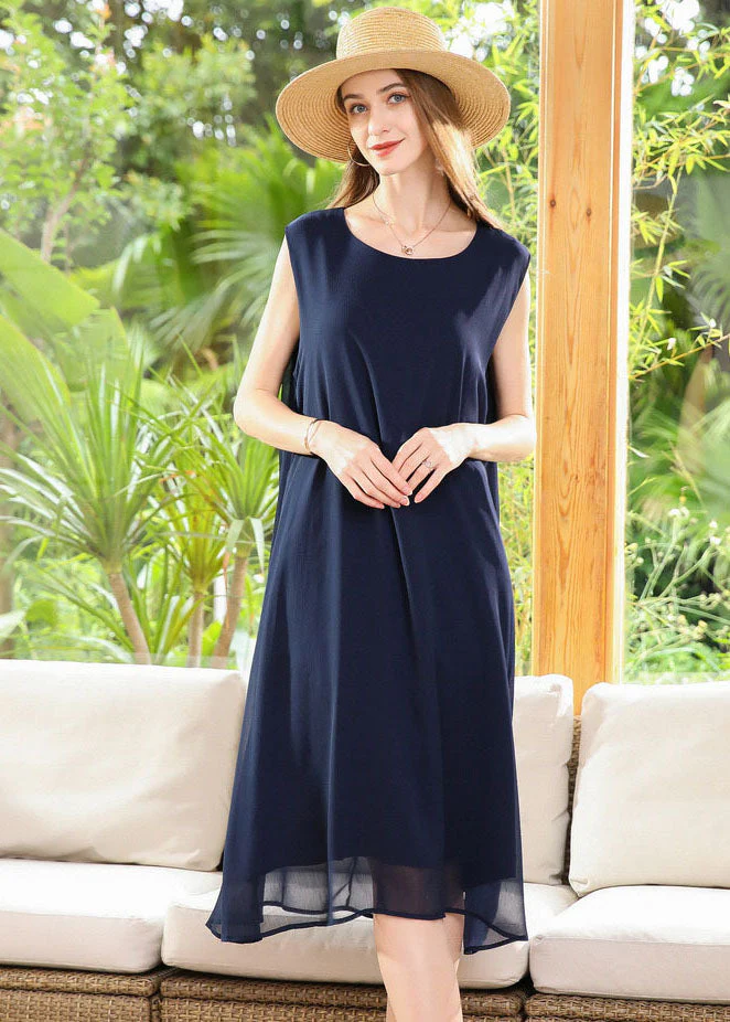 Casual Navy O-Neck Oversized Chiffon Long Dress Sleeveless - Image 2