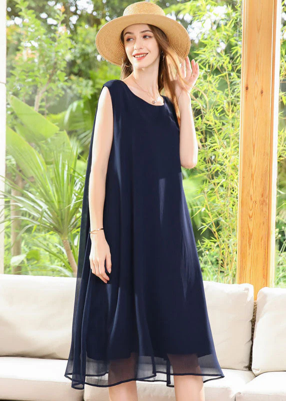 Casual Navy O-Neck Oversized Chiffon Long Dress Sleeveless - Image 4