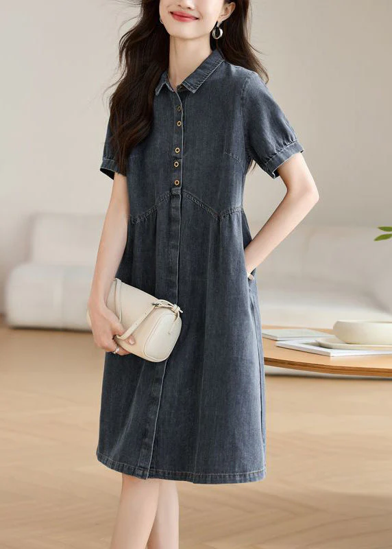 Casual Navy Peter Pan Collar Denim Work Dress Summer - Image 2