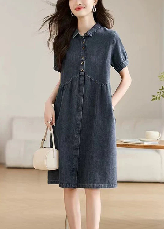 Casual Navy Peter Pan Collar Denim Work Dress Summer - Image 4