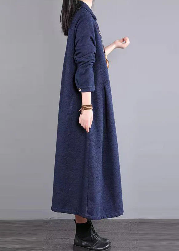 Casual Navy Peter Pan Collar Patchwork Warm Fleece Long Dress Winter - Image 2
