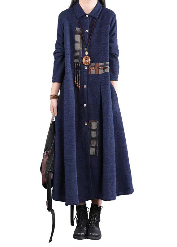 Casual Navy Peter Pan Collar Patchwork Warm Fleece Long Dress Winter - Image 5