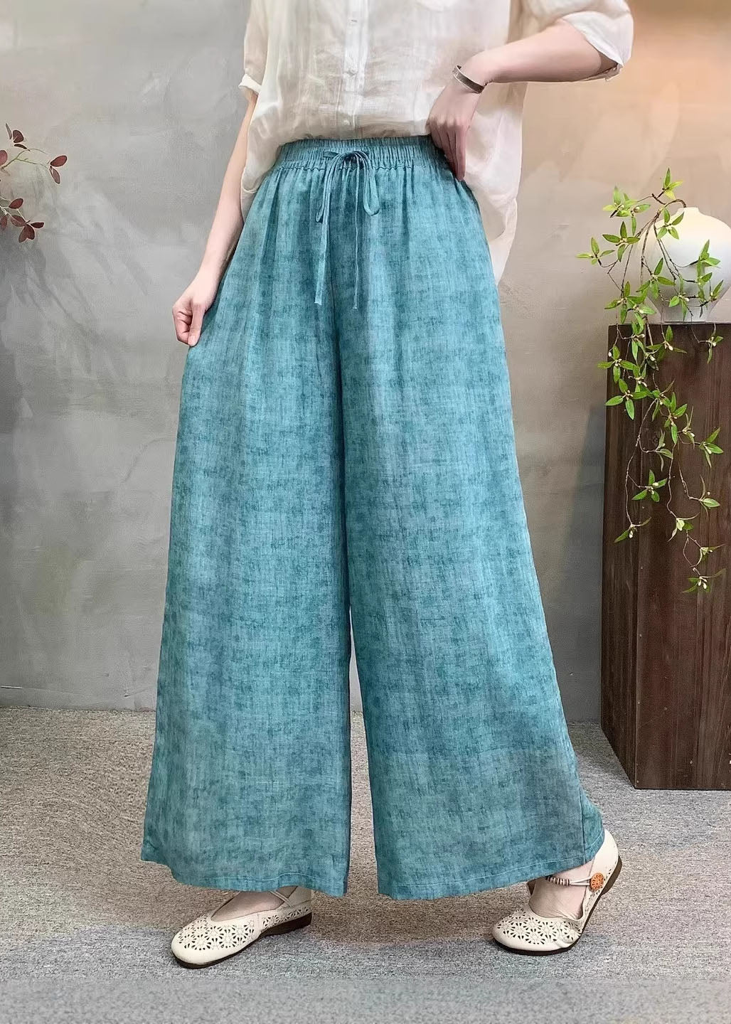Casual Navy Pockets Tie Dye Elastic Waist Linen Pants Summer - Image 2