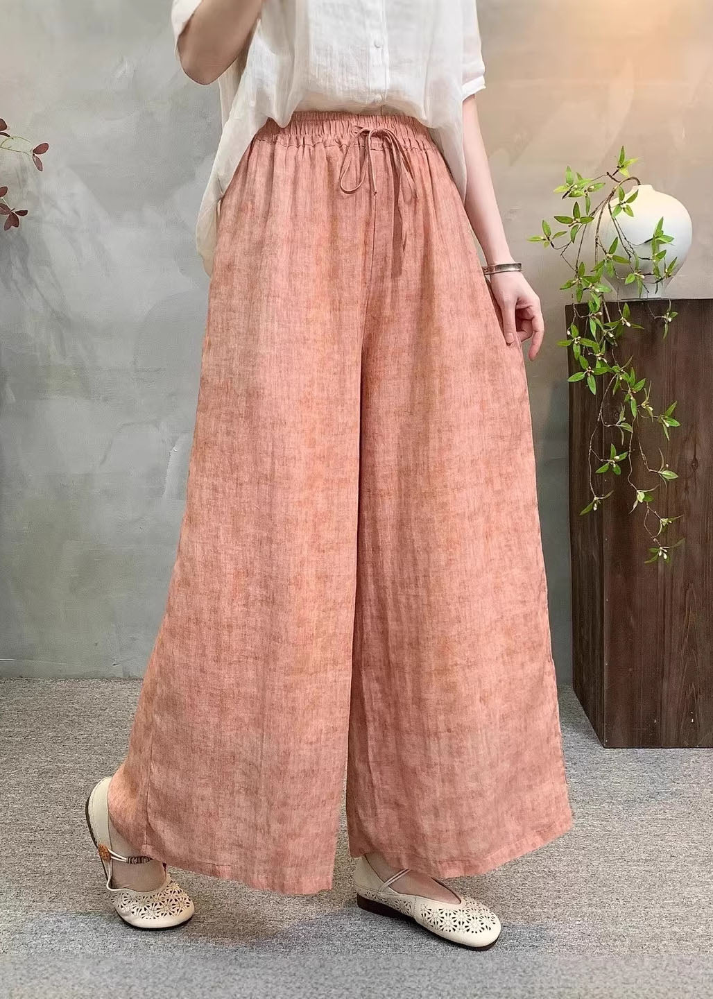 Casual Navy Pockets Tie Dye Elastic Waist Linen Pants Summer - Image 3