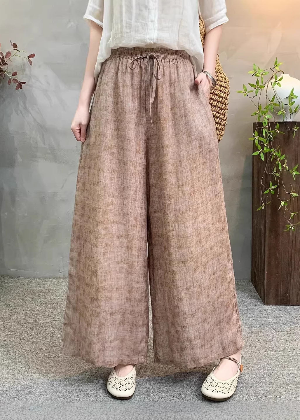 Casual Navy Pockets Tie Dye Elastic Waist Linen Pants Summer - Image 4