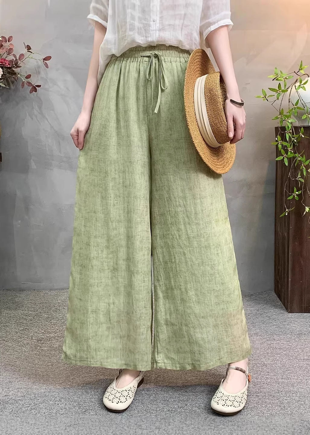 Casual Navy Pockets Tie Dye Elastic Waist Linen Pants Summer - Image 5