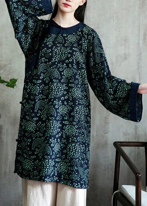 Casual Navy Print  Button Patchwork Cotton Mid Dress Fall - Image 3