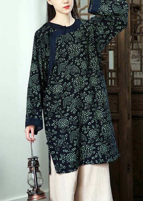 Casual Navy Print  Button Patchwork Cotton Mid Dress Fall - Image 4