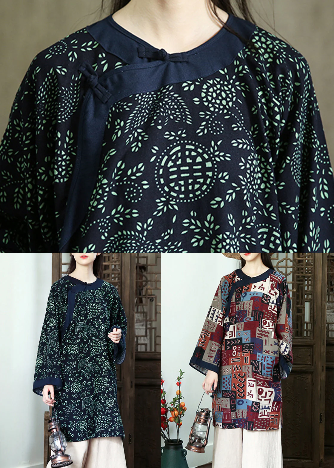 Casual Navy Print  Button Patchwork Cotton Mid Dress Fall - Image 5