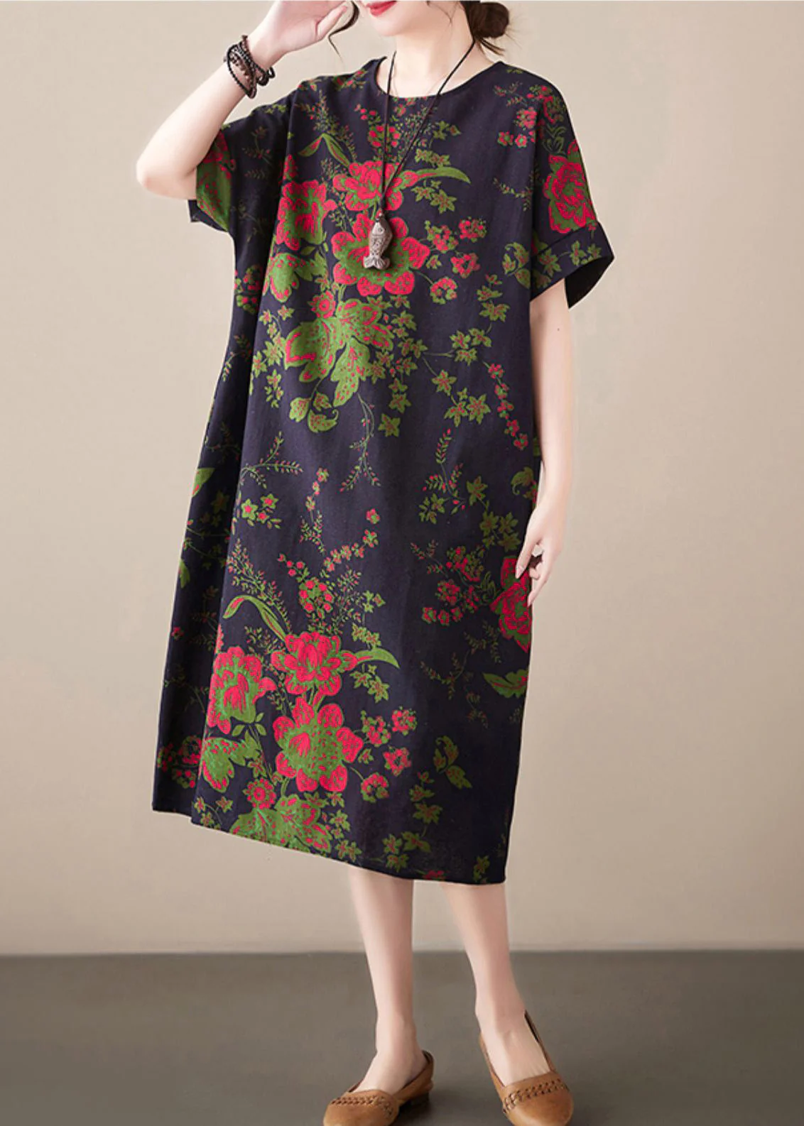 Casual Navy Print Cotton Vacation Maxi Dresses Summer - Image 3
