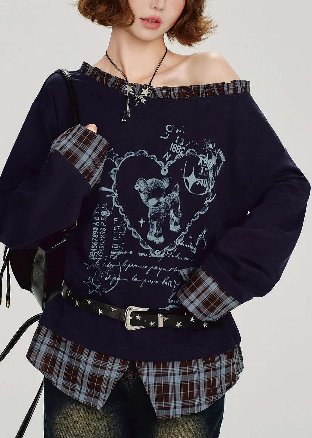 Casual Navy Ruffled falsePatchwork False Two Pieces Cotton Top Spring - Image 2