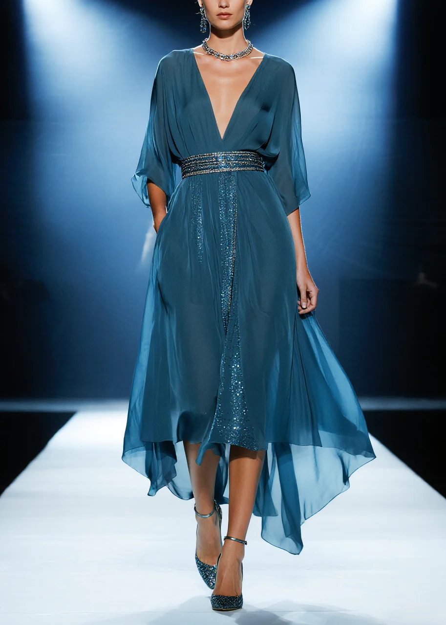 Casual Navy Sequins Draping Tulle Tunic Dress Summer - Image 5