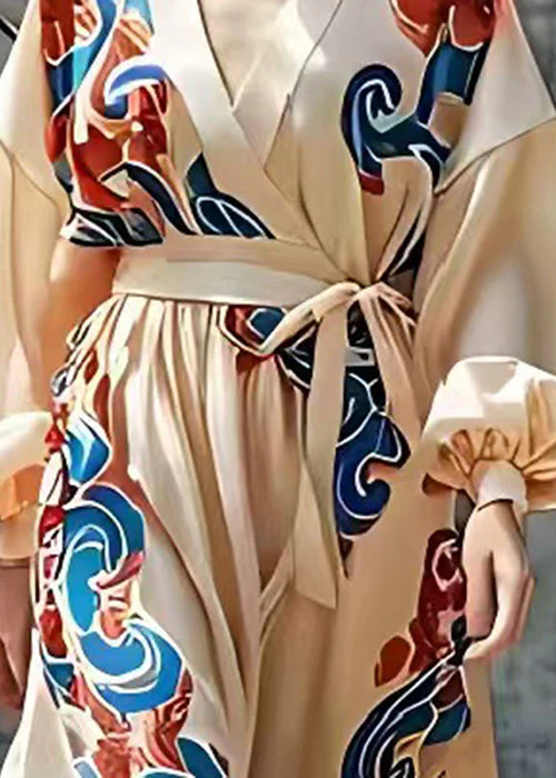 Casual Nude Tie Waist Print Silk Long Dresses Summer - Image 3