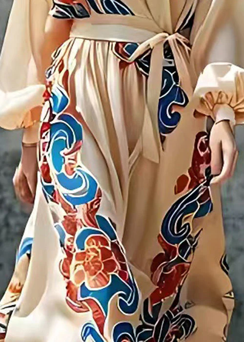 Casual Nude Tie Waist Print Silk Long Dresses Summer - Image 4
