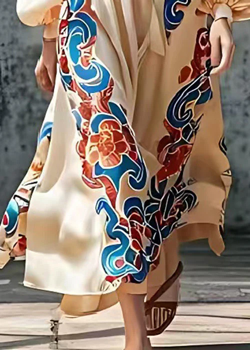 Casual Nude Tie Waist Print Silk Long Dresses Summer - Image 5