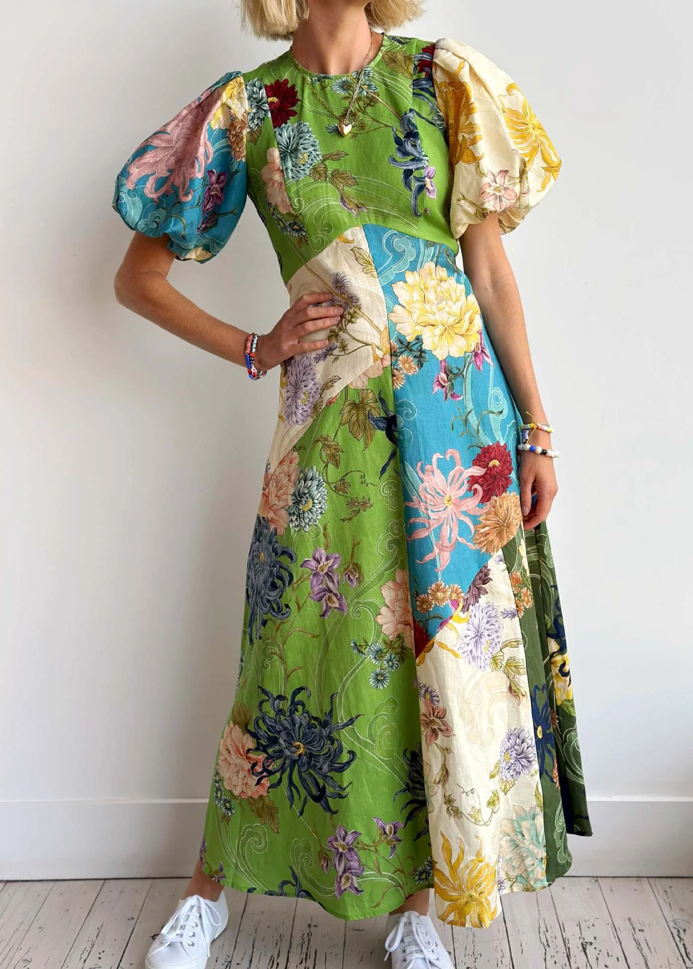Casual O Neck Print Cotton Long Dress Lantern Sleeve