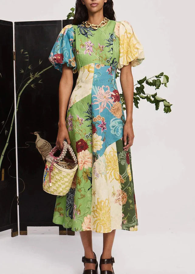 Casual O Neck Print Cotton Long Dress Lantern Sleeve - Image 2