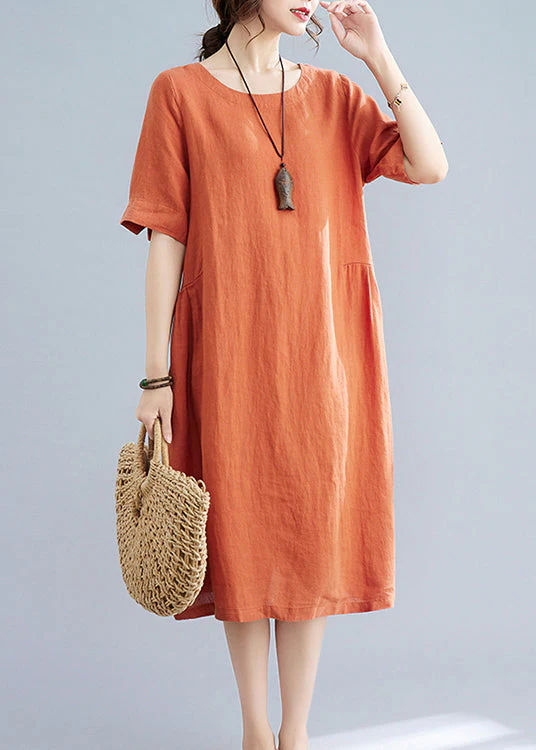 Casual Orange O-Neck wrinkled Pockets Linen Dresses Short Sleeve - Image 2