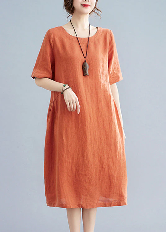 Casual Orange O-Neck wrinkled Pockets Linen Dresses Short Sleeve - Image 3