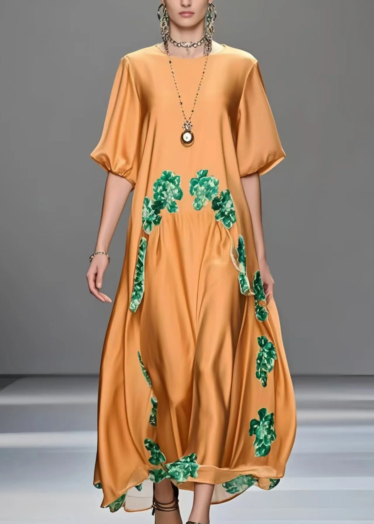 Casual Orange Oversized Print Silk Maxi Dresses Half Sleeve - Image 5
