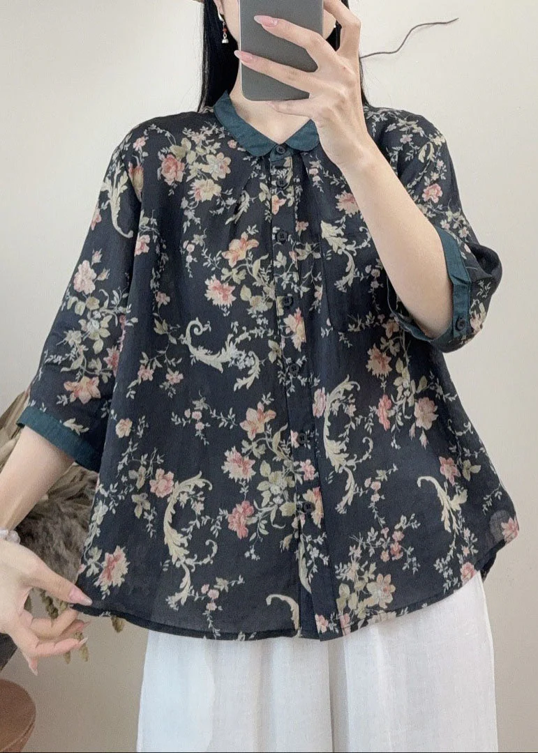 Casual Orange Peter Pan Collar Print Linen Tops Summer - Image 2