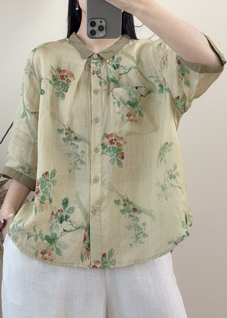 Casual Orange Peter Pan Collar Print Linen Tops Summer - Image 3