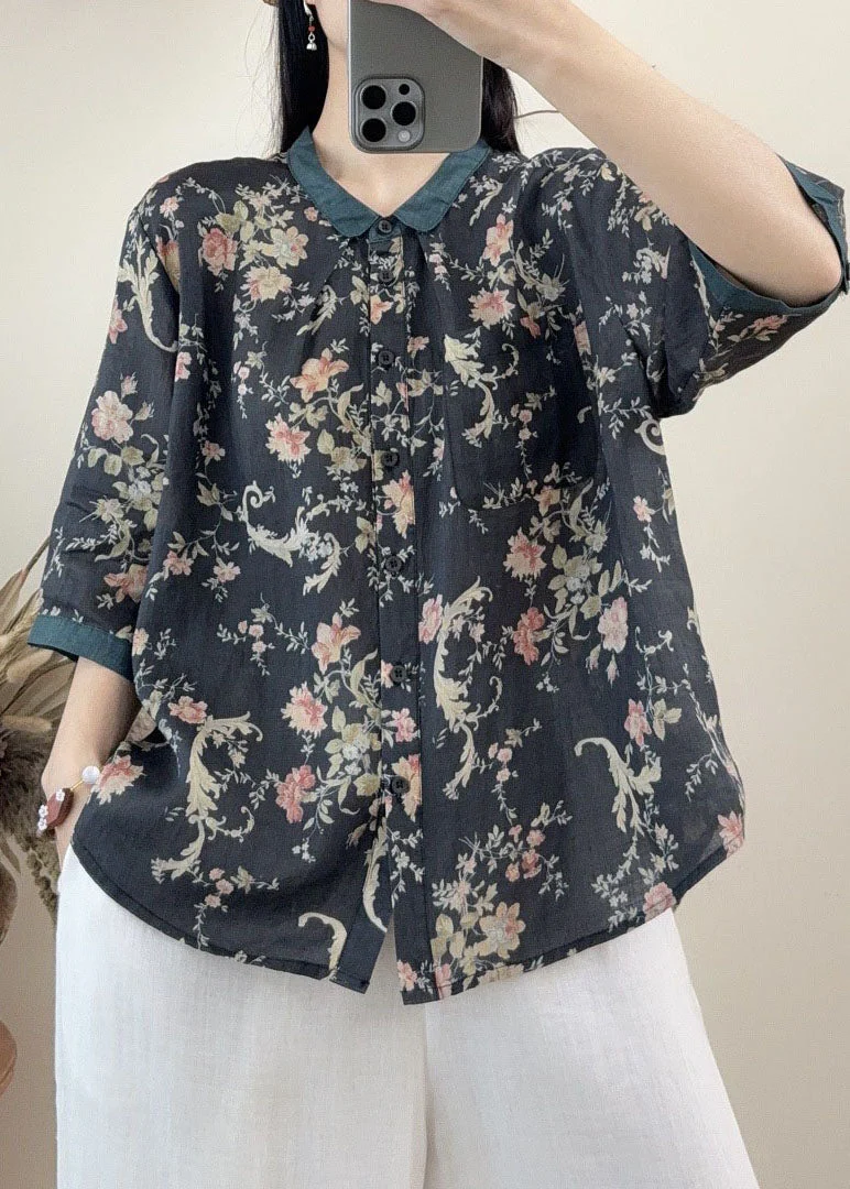 Casual Orange Peter Pan Collar Print Linen Tops Summer - Image 4