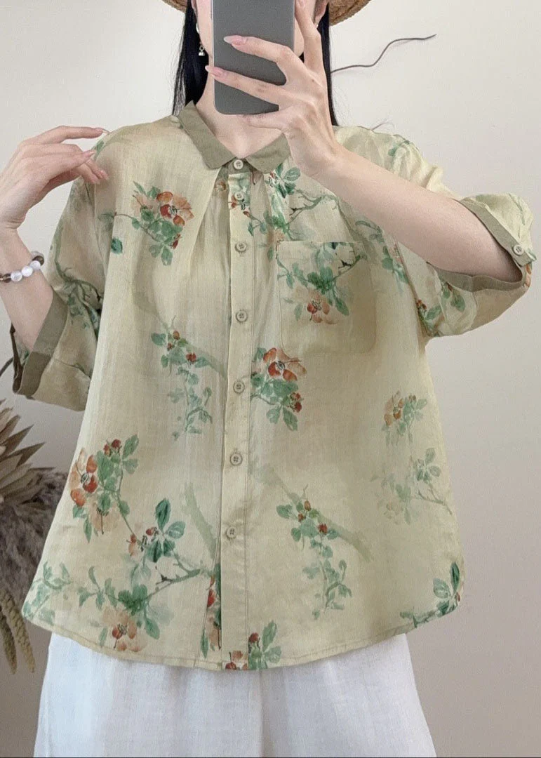 Casual Orange Peter Pan Collar Print Linen Tops Summer - Image 5