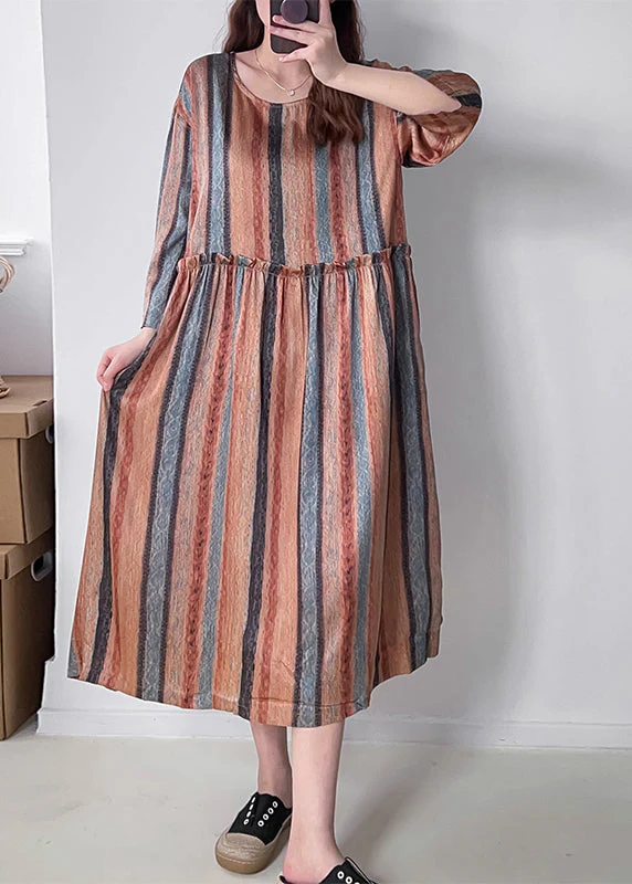 Casual Orange Ruffled Striped Silk Holiday Dress Fall - Image 2