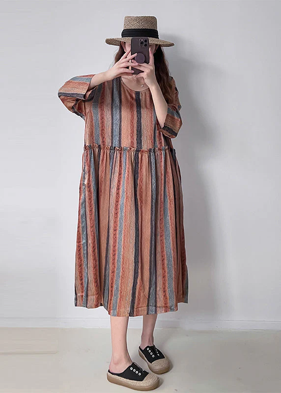 Casual Orange Ruffled Striped Silk Holiday Dress Fall - Image 3