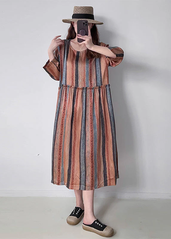Casual Orange Ruffled Striped Silk Holiday Dress Fall - Image 4