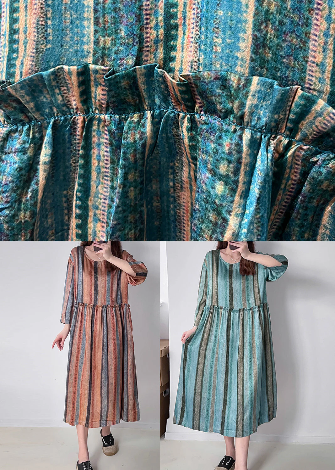 Casual Orange Ruffled Striped Silk Holiday Dress Fall - Image 5