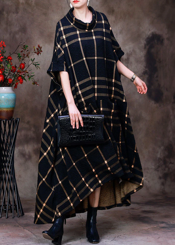 Casual Orange Stand Collar Plaid Cotton Holiday Dress Short Sleeve - Image 2