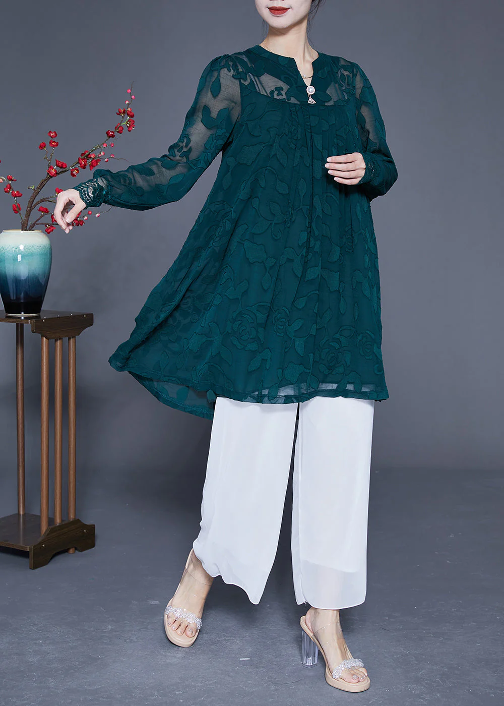 Casual Peacock Green Jacquard Hollow Out Tulle Dress Long Sleeve - Image 2