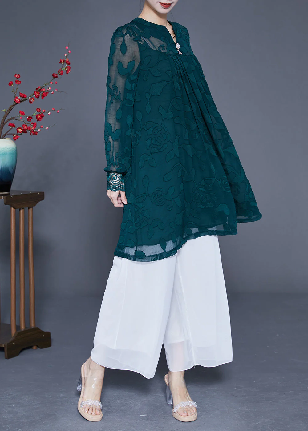 Casual Peacock Green Jacquard Hollow Out Tulle Dress Long Sleeve - Image 3