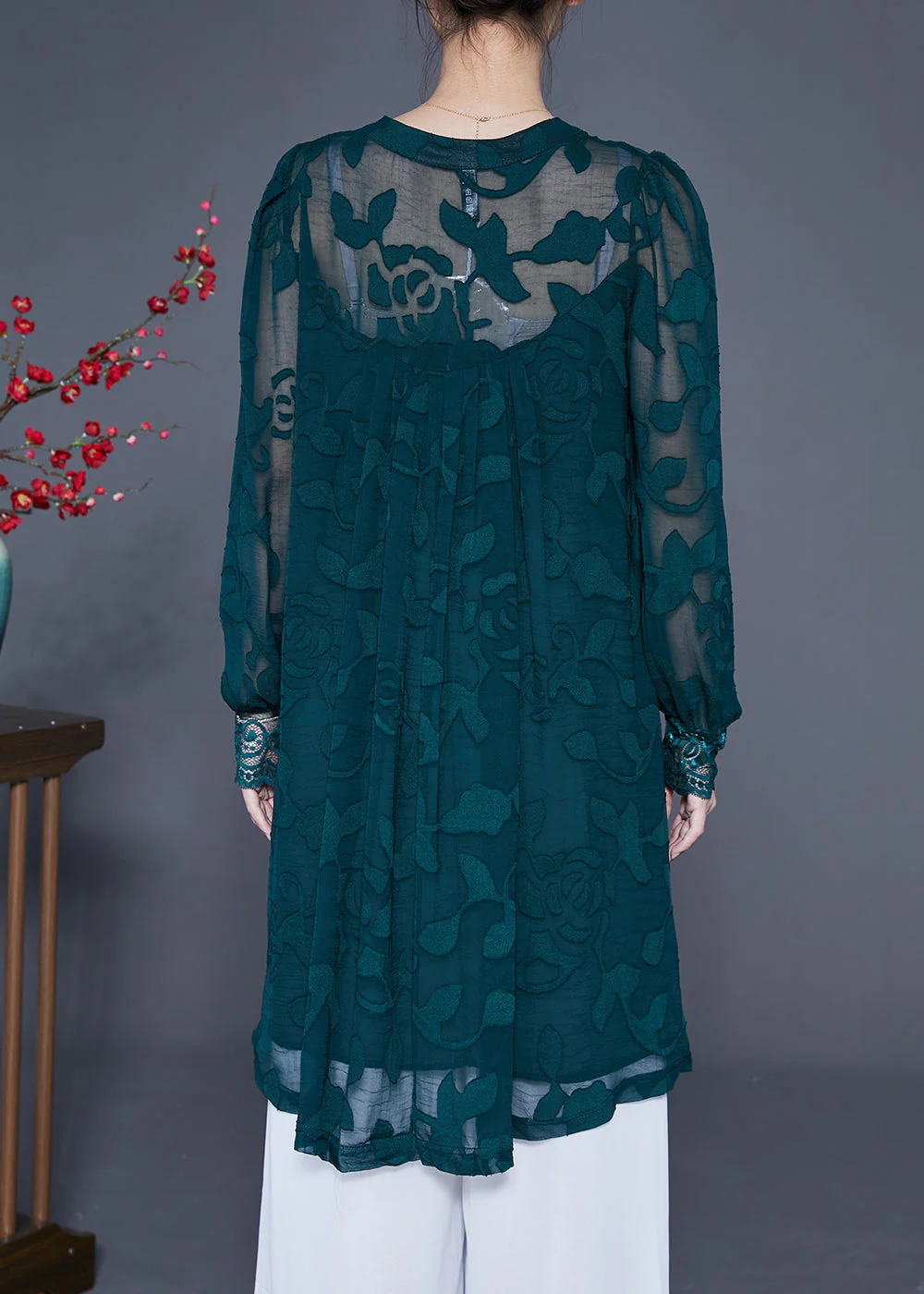 Casual Peacock Green Jacquard Hollow Out Tulle Dress Long Sleeve - Image 4