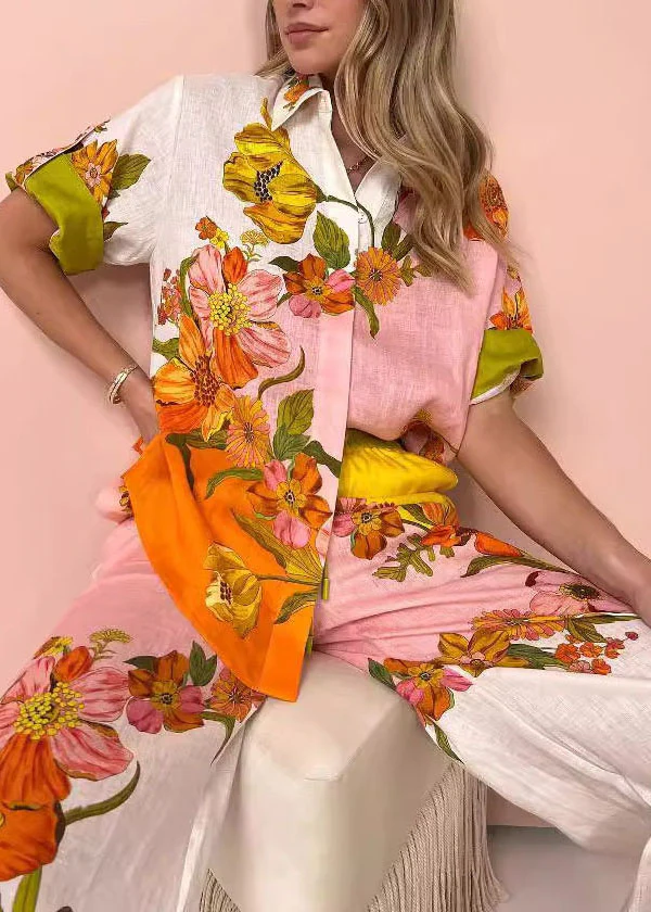 Casual Peter Pan Collar Print Cotton Two Pieces Set Summer - Image 2