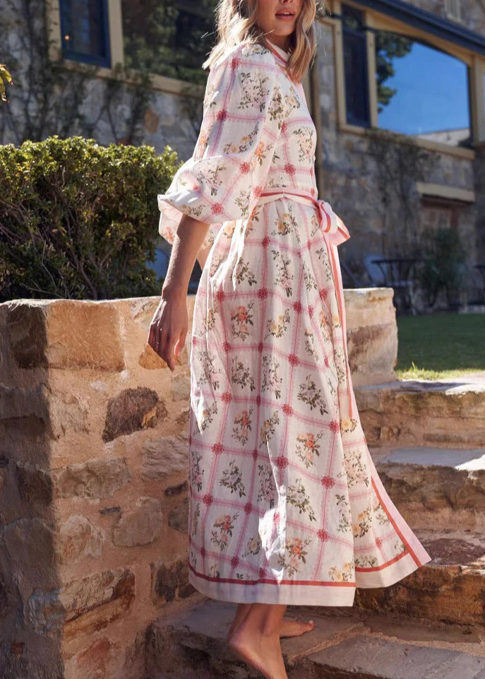 Casual Peter Pan Collar Print Lace Up Cotton Maxi Dresses Summer - Image 2