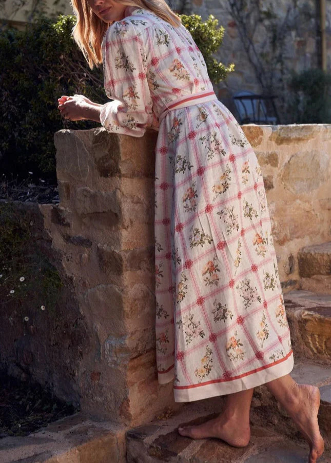 Casual Peter Pan Collar Print Lace Up Cotton Maxi Dresses Summer - Image 3