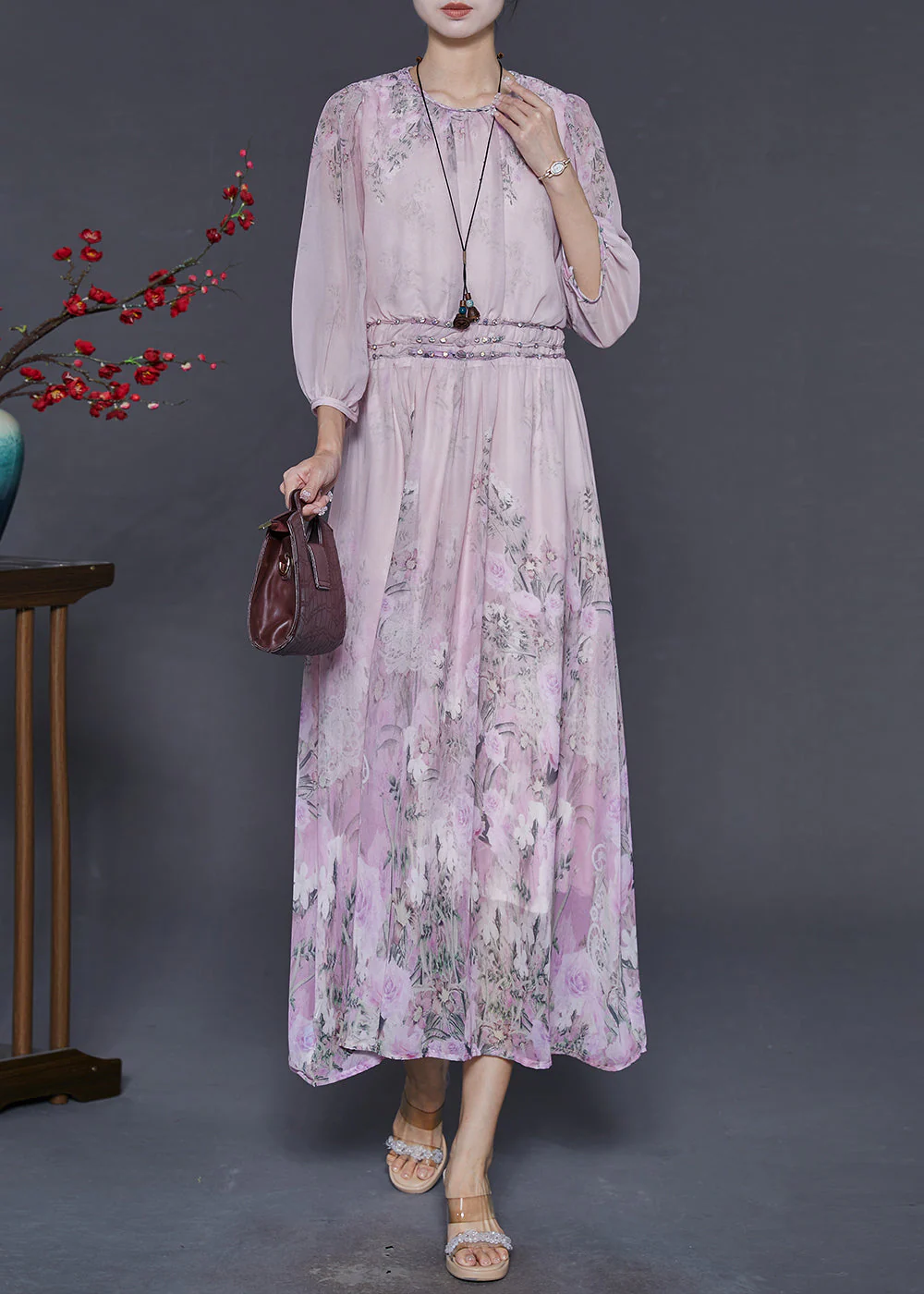 Casual Pink Elastic Waist Print Chiffon Dresses Bracelet Sleeve - Image 2