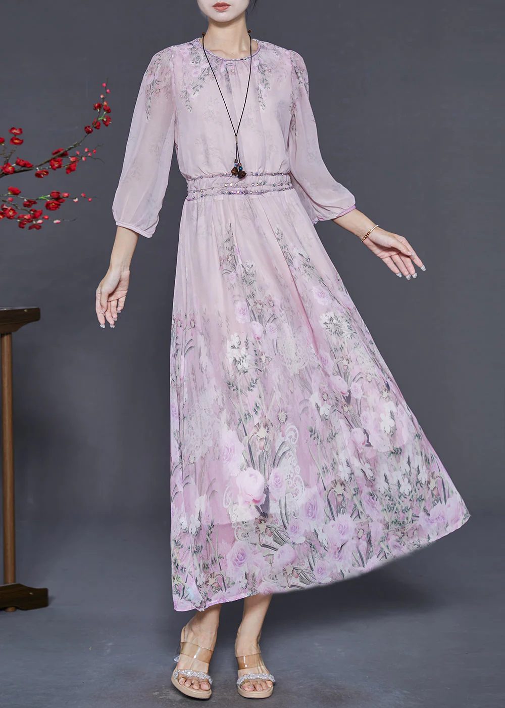 Casual Pink Elastic Waist Print Chiffon Dresses Bracelet Sleeve - Image 3