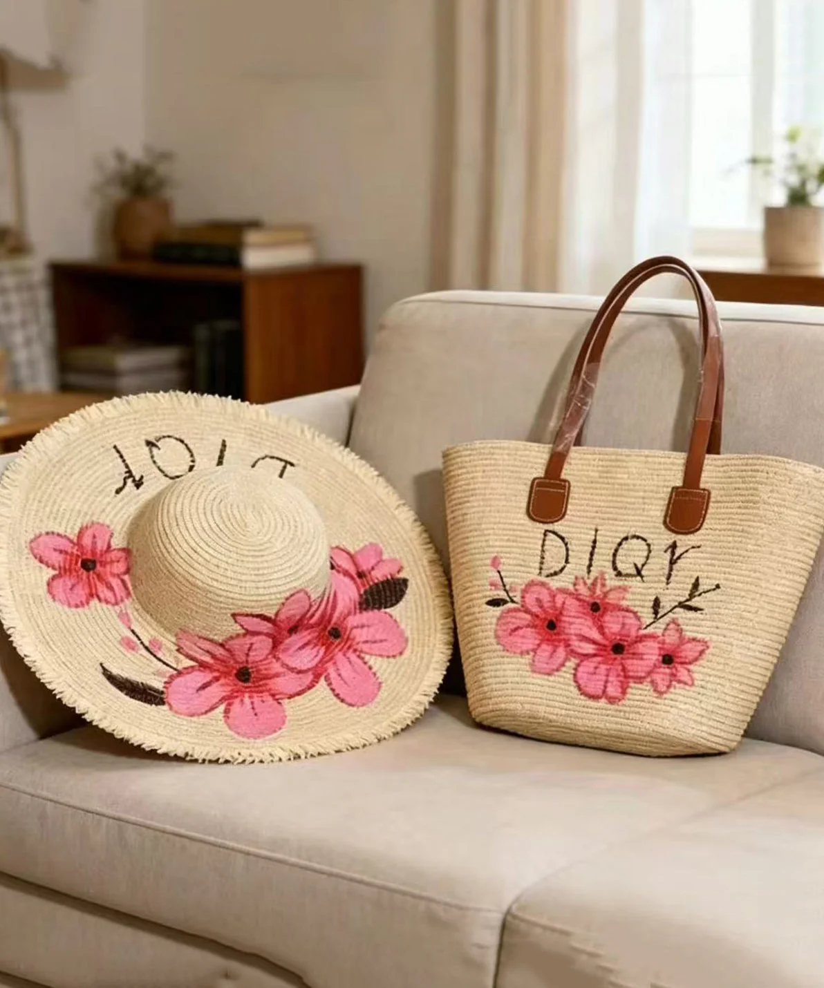 Casual Pink Flower Print Straw Woven Floppy Sun Hat And Shoulder Handbag Two Pieces Set - Image 3