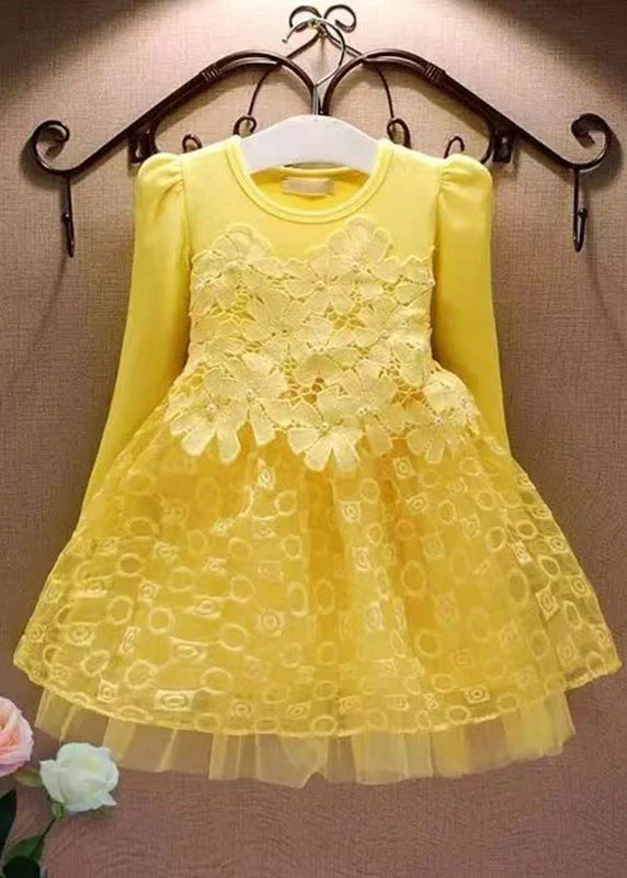 Casual Pink Hollow Out Floral Tulle Patchwork Girls Mid Dress Fall - Image 2