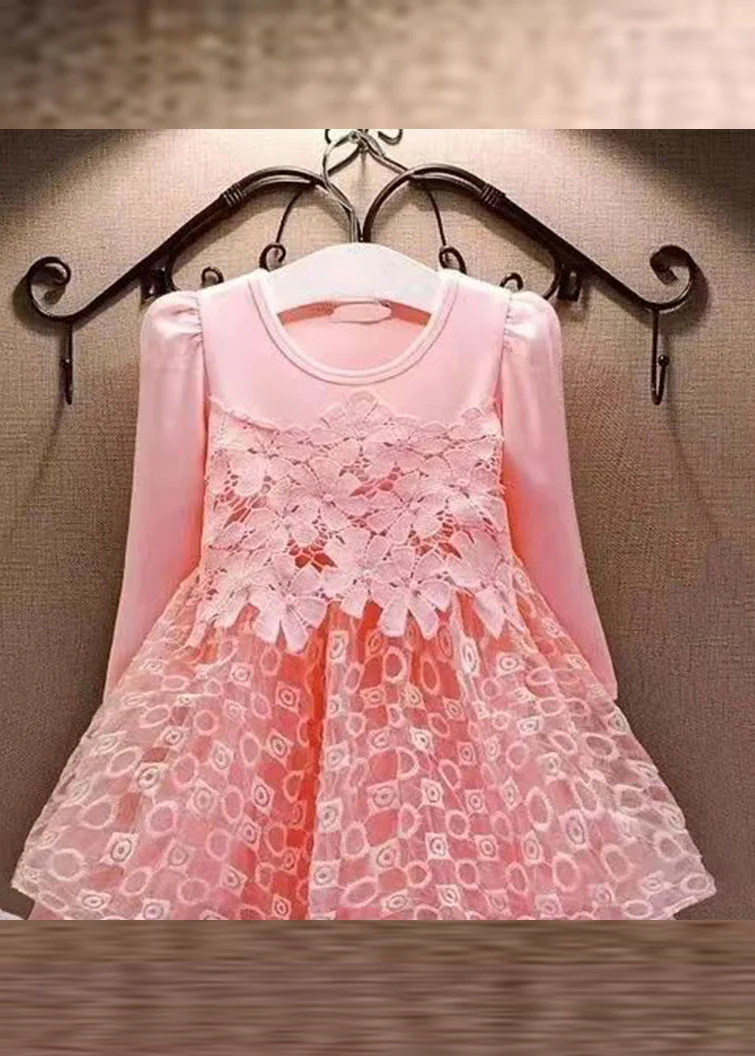 Casual Pink Hollow Out Floral Tulle Patchwork Girls Mid Dress Fall - Image 3
