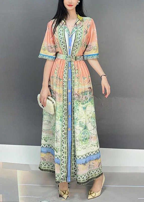 Casual Pink Notched Print Tie Waist Long Dresses Short Sleeve - Image 2
