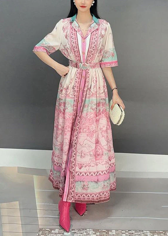 Casual Pink Notched Print Tie Waist Long Dresses Short Sleeve - Image 3