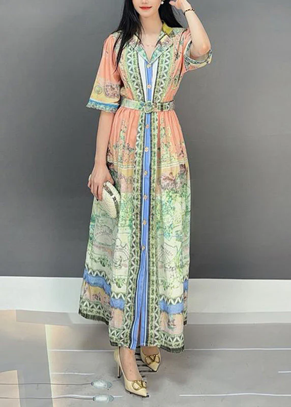 Casual Pink Notched Print Tie Waist Long Dresses Short Sleeve - Image 4