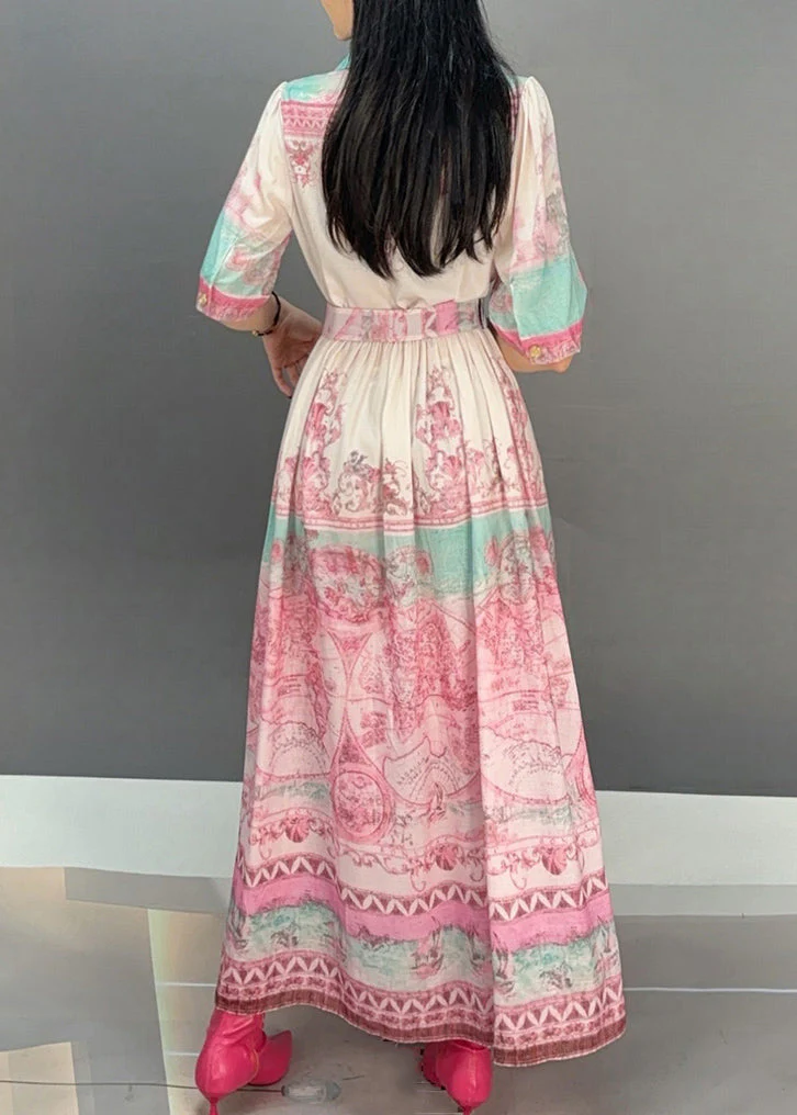 Casual Pink Notched Print Tie Waist Long Dresses Short Sleeve - Image 5