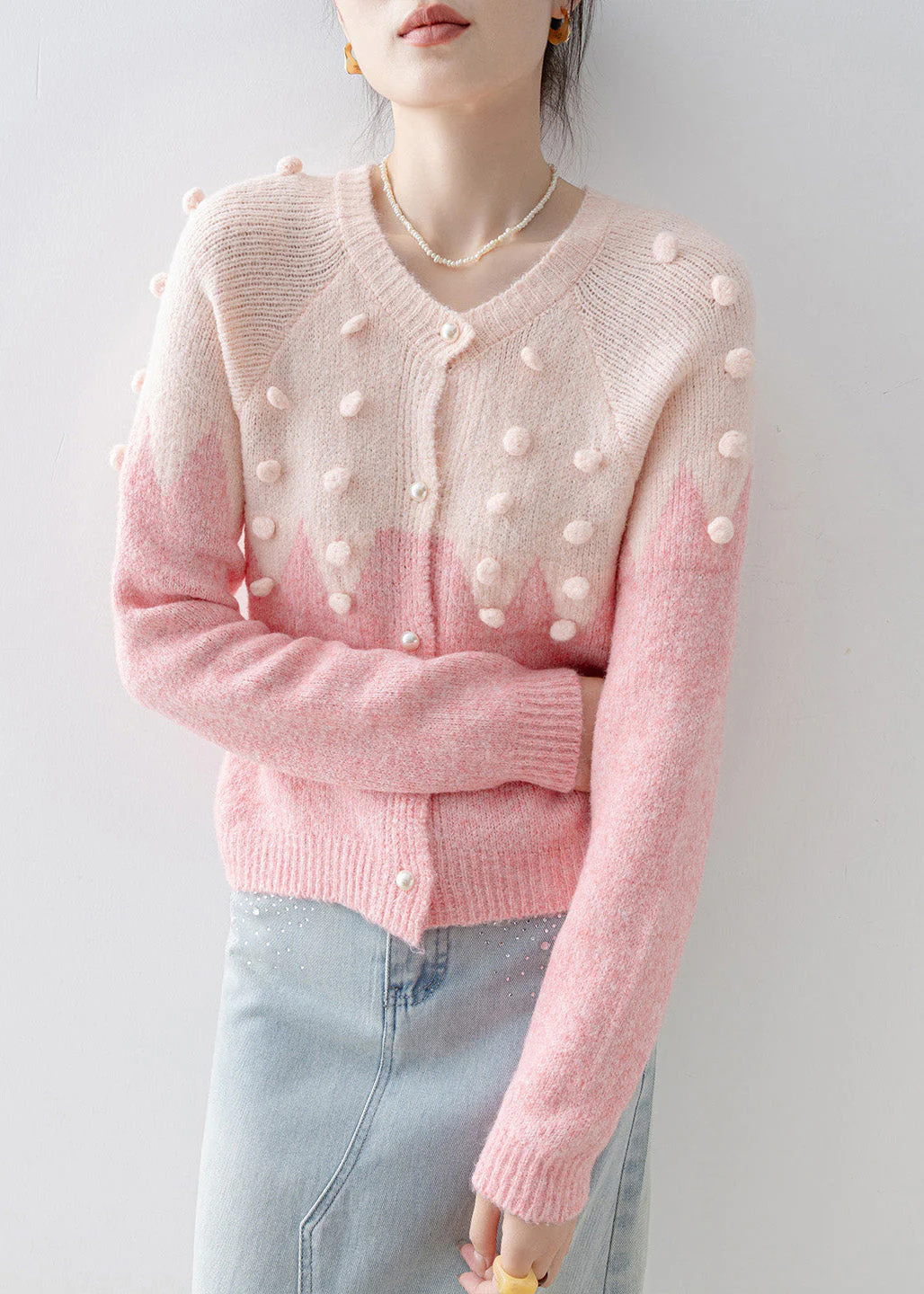 Casual Pink O Neck Fuzzy Ball Decorated Knit Cardigans Spring - Image 2