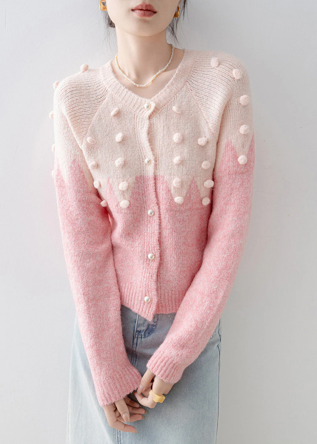 Casual Pink O Neck Fuzzy Ball Decorated Knit Cardigans Spring - Image 3